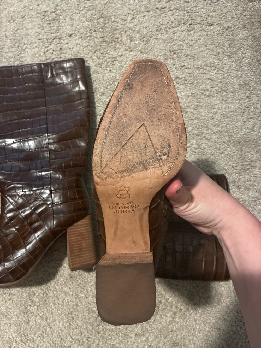 Vince Camuto Brown Croc-Embossed Mid-Calf Block Heel Boots - Picture 3 of 5
